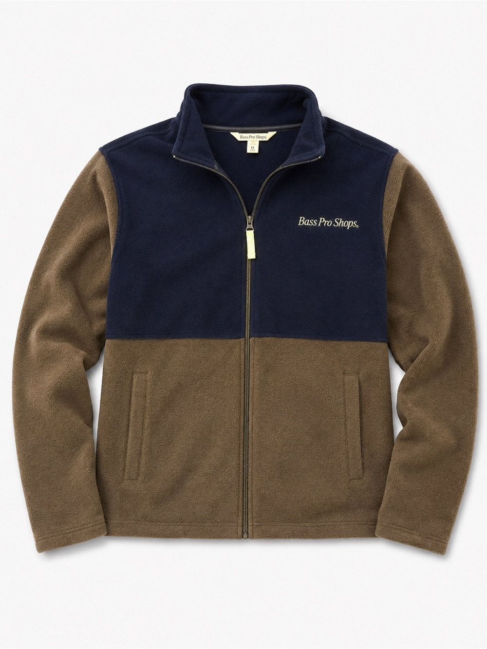 Bass Pro Shops Men’s Two-Tone Fleece Zip Up Jacket in Navy and Brown size M